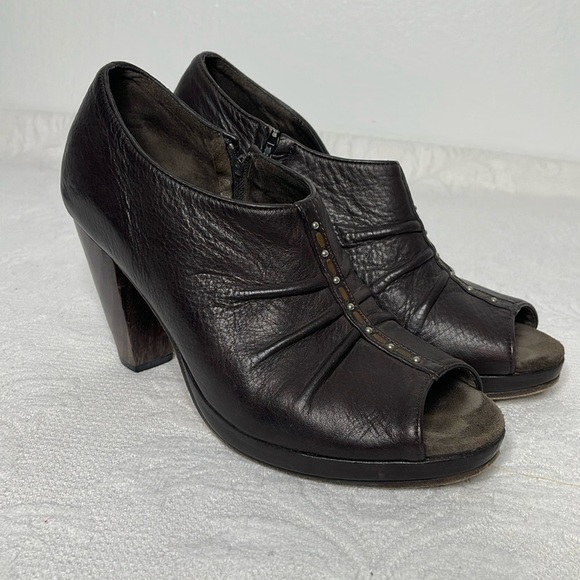 Calleen Cordero Brown Leather Peep Toe Studded Zip Booties Size US 7.5